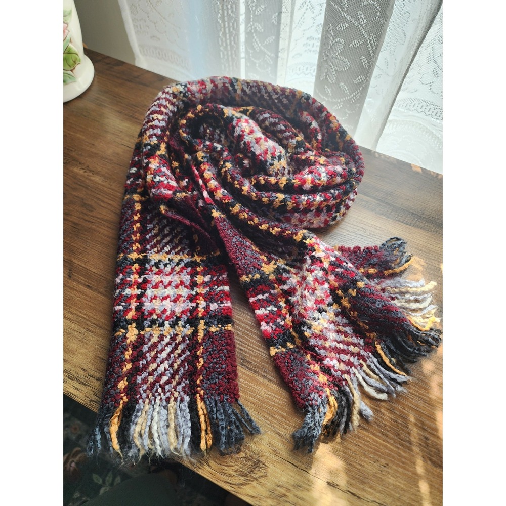 Womens Vintage Chunky Knit Tartan Plaid Scarf Autumnal Fringe Red Fall Winter